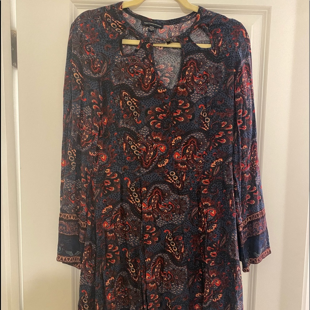 Long sleeved navy floral patterned dress